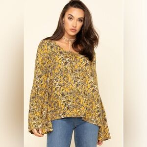Rock&Roll Cowgirl Women’s yellow floral blouse with bell sleeves size large